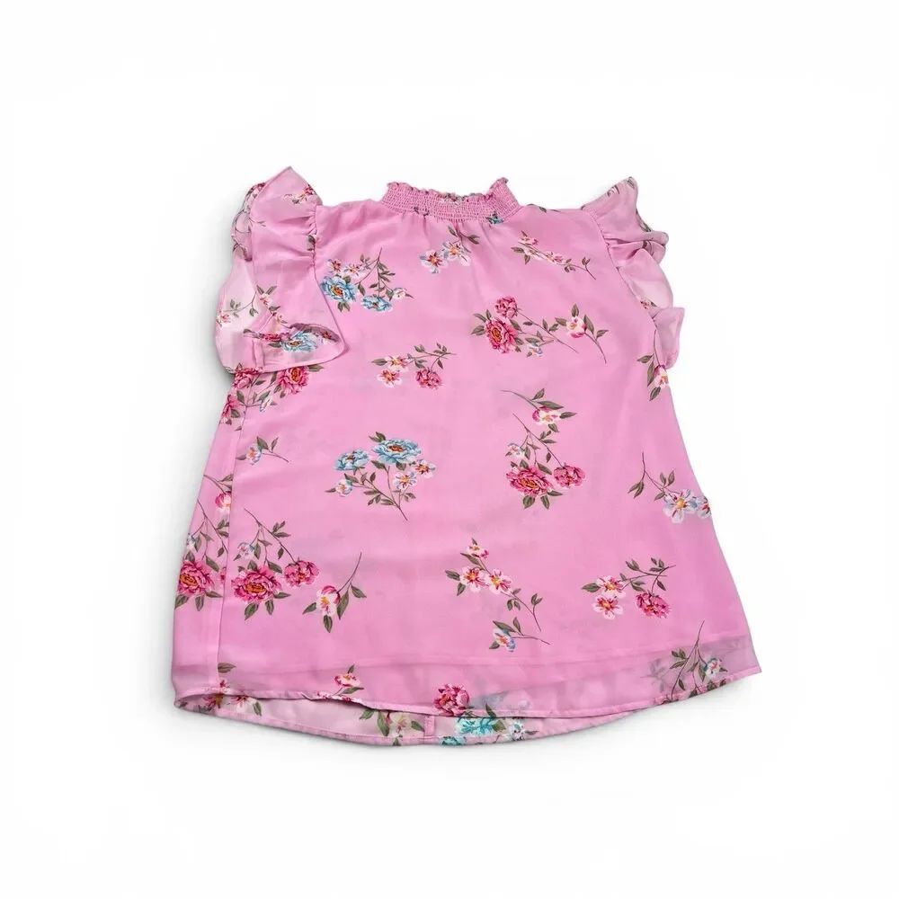 Catherine Malandrino Garden Party Blouse Pink Floral Flutter Sleeve Boho Shirt S